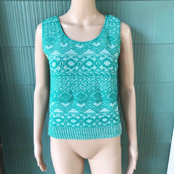 Vintage 60's/70’s Mod Teal Patterned Pullover Swe… - image 1