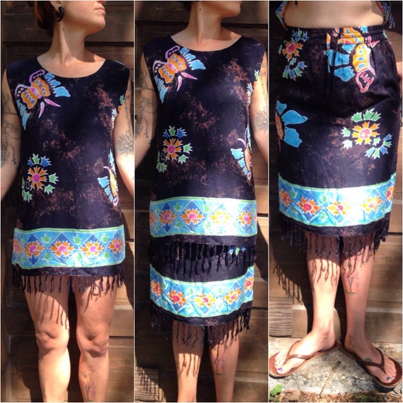 Vintage 90's Batik Butterfly Rayon Fringed Mini D… - image 1