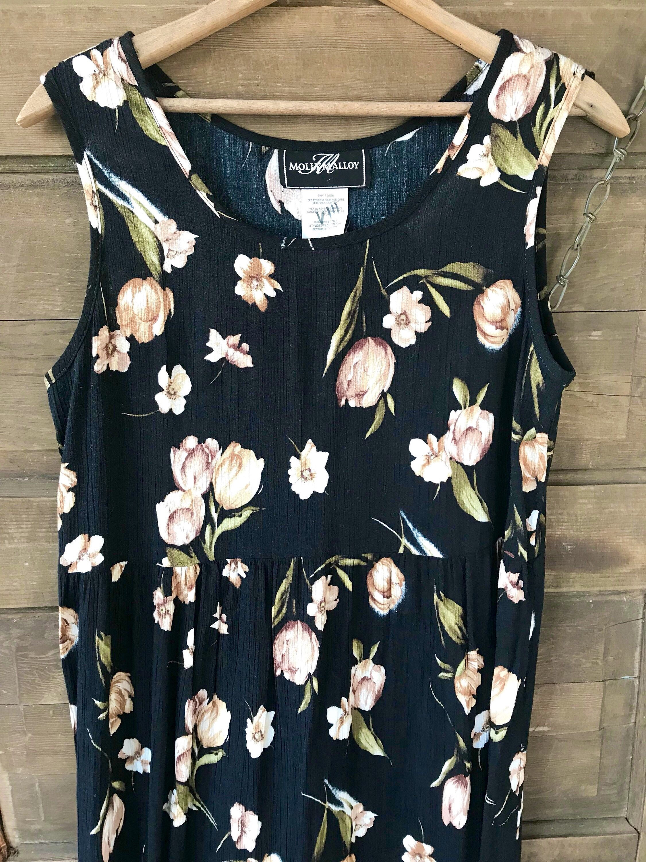 Vintage 90's Black Floral Rayon Babydoll Tank Dress by Mallory Malloy Size Medium