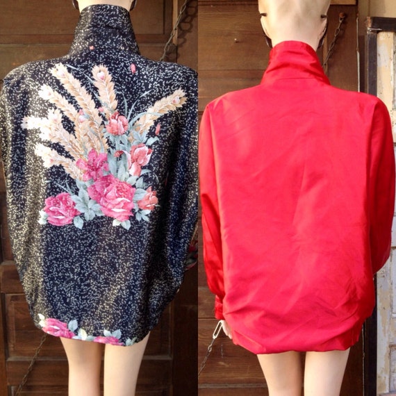 Vintage 80's Reversible Floral and Red Silky Slou… - image 2