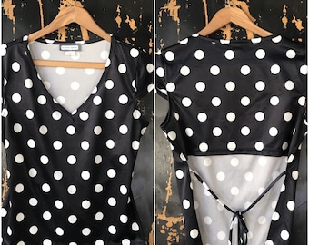 Vintage 90's Black with White Polka Dots Top with Cut-Out Tie Low Back by Aqua Blues size medium