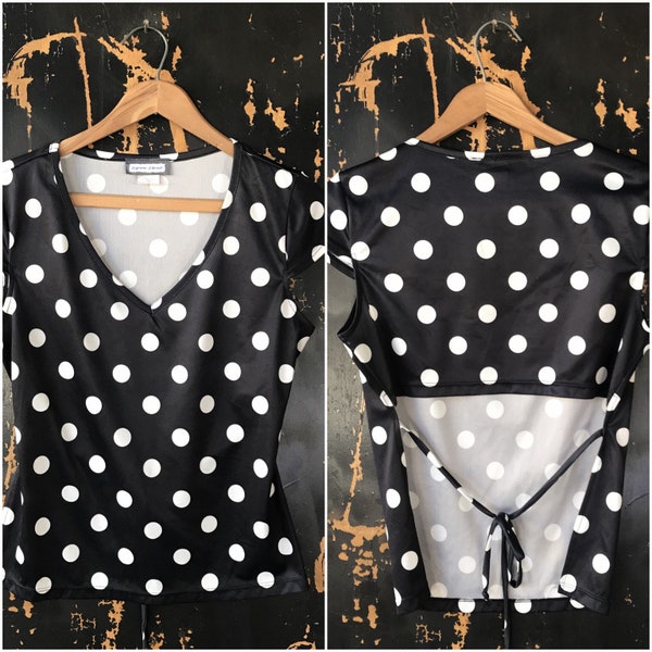 Vintage 90's Black with White Polka Dots Top with Cut-Out Tie Low Back by Aqua Blues size medium