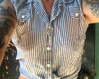 Vintage 50's Thin Blue and White Striped Pin-Up Nylon Crop Top Tie Blouse by Judy Bond size medium