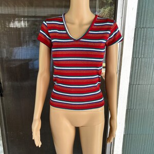 Vintage 70's Ideal Red Striped V Neck Ringer Tshirt size Women’s Small Unisex by Chips of California
