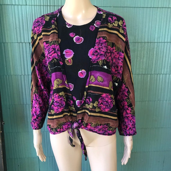 Vintage 90's Rayon Tied Front Abstract Mixed Prin… - image 1