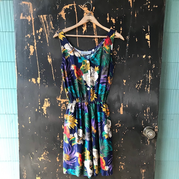 Vintage 90's Jungle Parrot Floral Print Silky Rayon Romper