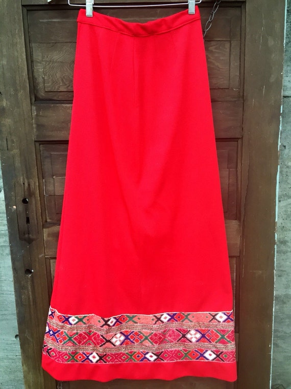 Vintage 70's Bright Red High Waisted Maxi Skirt w… - image 1
