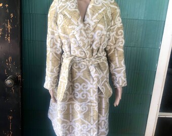 Vintage 60's Mod Beige and White Tapestry Duster Length Robe Jacket size small/medium OOAK