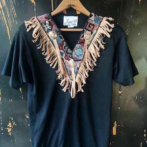 Vintage 80&#39;s/90&#39;s Black Embellished Southwest Tapestry Fringed V Neck Tshirt