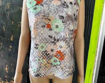 Vintage 60’s Metallic Floral Sleeveless Tapestry Print Top size large