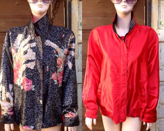 Vintage 80's Reversible Floral and Red Silky Slouchy Oversized Windbreaker Jacket