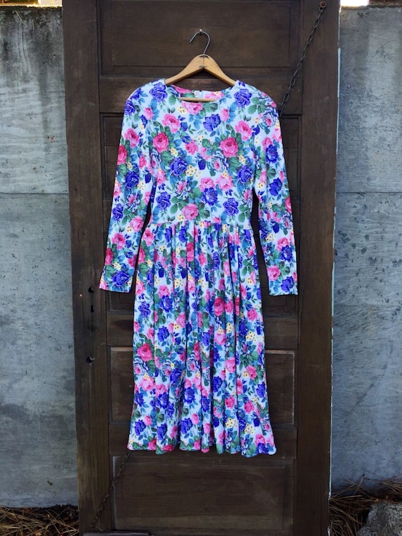 Vintage 80's Perfect Floral Long Sleeve Midi Dres… - image 1
