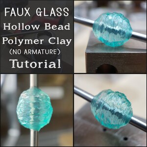 Puede incluir: Un tutorial sobre cómo hacer una cuenta hueca de vidrio falso usando arcilla polimérica. La imagen muestra una cuenta azul turquesa en una varilla de metal. La cuenta es translúcida y tiene una superficie texturizada. El texto "FAUX GLASS Hollow Bead Polymer Clay (NO ARMATURE) Tutorial" es visible en la imagen.