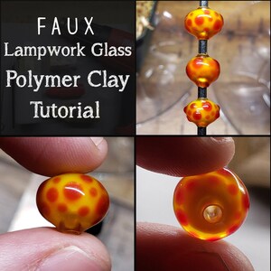 May include: Close-up of a yellow and red polymer clay bead with a hole in the centre. The bead is designed to look like a glass bead with red dots on a yellow background. The bead is being held by a finger.