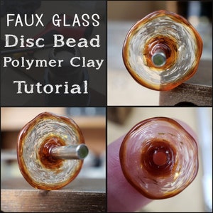 May include: Close-up of a faux glass disc bead made with polymer clay. The bead is a light brown color with a clear, textured surface. The bead is on a metal rod.
