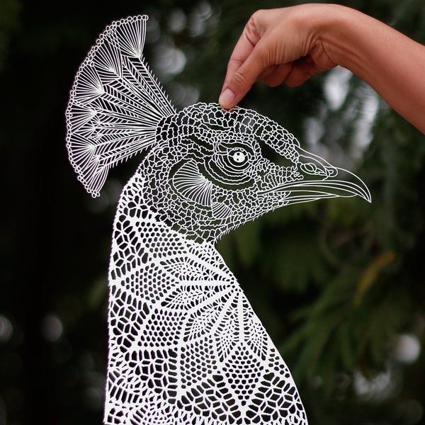 Plantilla de corte de papel de pájaro pavo real, SVG de corte de papel, arte cortado en papel, descarga digital, regalo hecho a mano, artesanía de arte de papel, regalo de pájaro, pavo real de la naturaleza