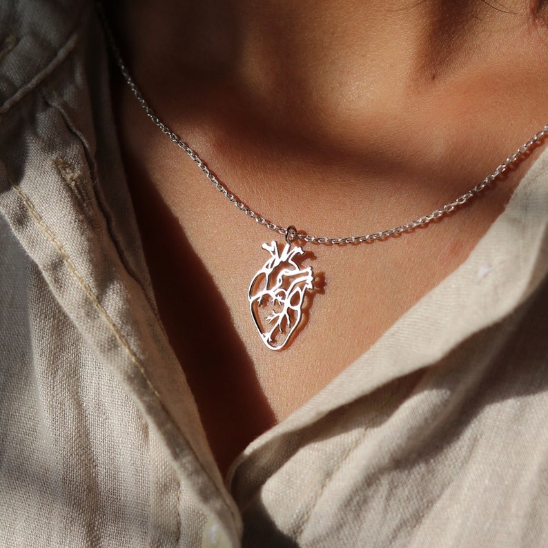 Heart Anatomy Silver Pendant Human Organ jewellery Handcut pendant for her Biology jewelry Heart necklace Gift for Doctor's Jewelry Craft image 1