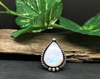 Rainbow Moonstone Sterling Silver Ring size 8 US