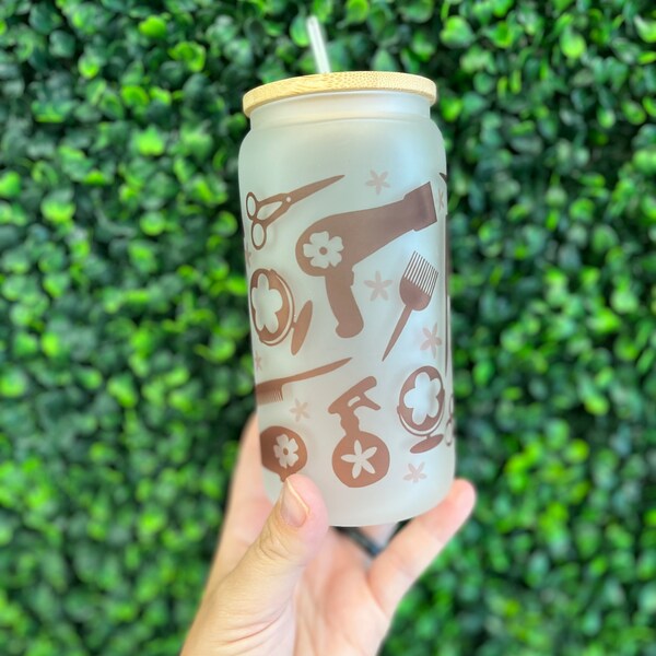 16oz Coffee Glass, Libbey Glass, Glass Coffee Cup, Bamboo Lid Cup, Iced Coffee Cup, Hair Stylist Cup, Stylist Tumbler, Stylist Coffee Cup