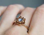 Moonstone engagement ring, flower engagement ring, yellow gold ring, unique engagement ring, proposal ring, lotus ring, floral jewelry