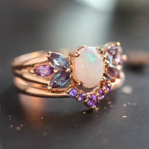 Multi-stone bridal ring set, opal engagement ring, alexandrite ring, cluster ring, rose gold ring for woman, white opal, wedding ring set