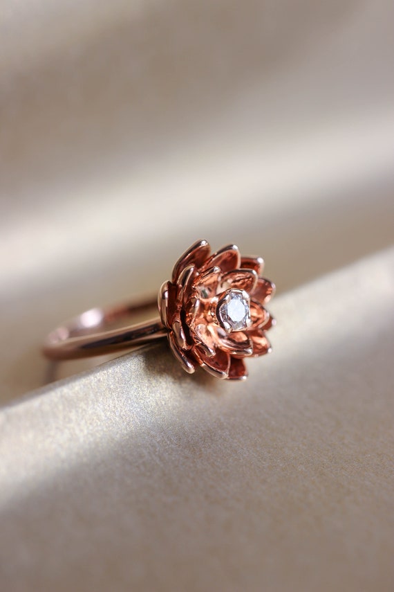 Gold flower engagement ring, diamond ring, rose gold ring, unique engagement ring, proposal ring, lotus ring, 14K gold ring for woman