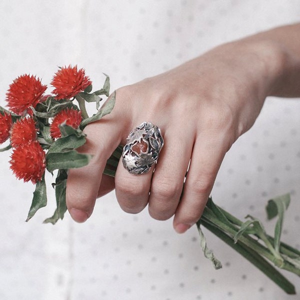 Second payment: Fall foliage statement ring - sterling silver ring with orange rough gemstone - spessarite garnet - autumn leaves, UK size P