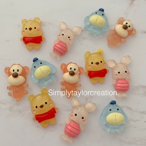 Disney Winnie the Pooh charms, pooh bear, piglet, Eeyore, tigger,  3d flat translucent glitter charms, diy, keychain, charms, embellishments