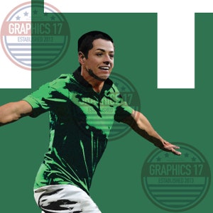 May include: Digital illustration of a person in a green polo shirt and white shorts, with arms outstretched. The background is green with white accents and circular graphics that read "GRAPHICS 17 ESTABLISHED 2013".