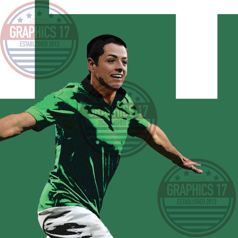 May include: Digital illustration of a person in a green polo shirt and white shorts, with arms outstretched. The background is green with white accents and circular graphics that read "GRAPHICS 17 ESTABLISHED 2013".
