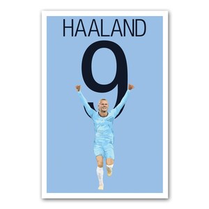 May include: A light blue poster featuring a soccer player in a light blue uniform with the number 9. The name "HAALAND" is printed above the number. The player is depicted with arms raised in celebration against a light blue background.
