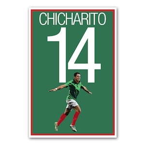 May include: A poster featuring the name "CHICHARITO" above the number "14" in white. The image includes a soccer player in a green jersey, white shorts, and red socks, celebrating a goal. The background is green with a red border.