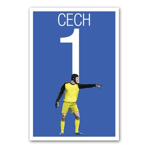 Peut inclure: Une affiche représentant un joueur de football en uniforme jaune avec des manches noires et un casque noir. Le joueur pointe vers la droite sur un fond bleu. Le mot "CECH" est au-dessus d'un grand chiffre blanc "1".