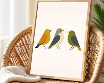 Mid-Century Modern Bird Print, Minimalist Scandinavian Wall Art, Retro Geometric Birds, Digital Download