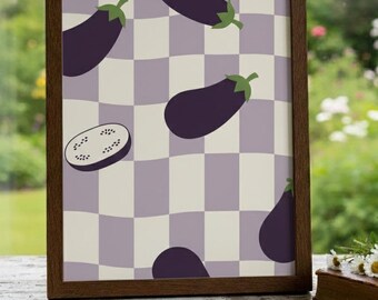 Aubergine Wall Art Printable, Retro Eggplant Illustration, Cottagecore Kitchen Decor, Mediterranean Food Art, Digital Download 16x20