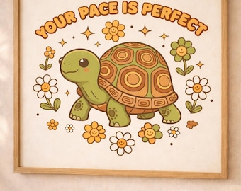 Quadro da parete retrò con tartaruga, stampa con citazione anni '70, decorazione per la cameretta dei bambini (download digitale)