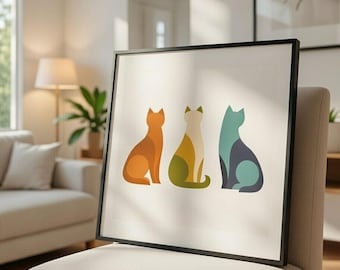 Modern Cat Wall Art – Mid-Century Geometric Print, Minimalist Digital Download