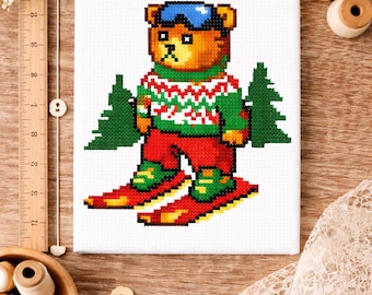 Ski Bear Cross Stitch Pattern PDF – Winter Animal Counted X-Stitch Design