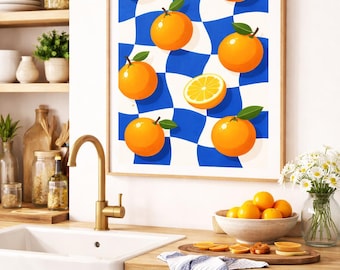 Mediterranean Kitchen Wall Art Printable, Orange Blue Checkerboard Fruit Decor, 16x20 Digital Download
