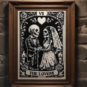 Gothic Lovers Skeleton Wedding Cross Stitch Pattern – Blackwork Tarot (PDF Pattern)