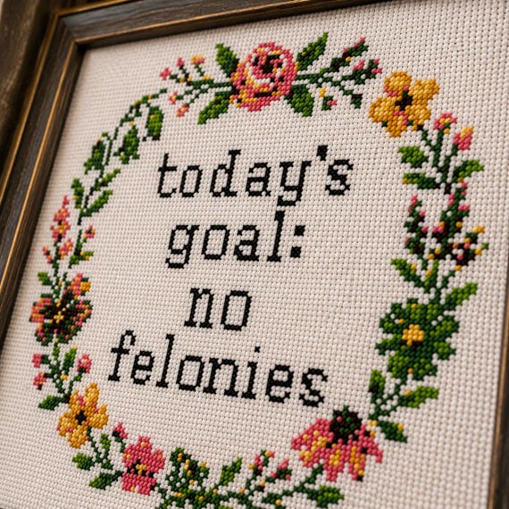 Today’s Goal No Felonies Cross Stitch Pattern, Snarky Floral Sampler for True Crime Fans