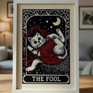 Gothic Cat Tarot Cross Stitch Pattern – The Fool – Symbolic Witchy Stitch PDF – Modern Dark Needlework