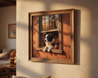 Border Collie Autumn Print – Cozy Dog in Window, Fall Decor (16x20, Digital Download)