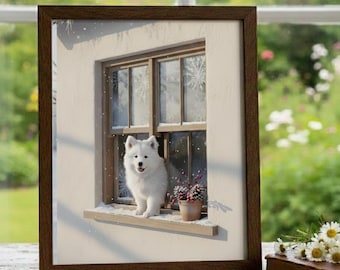 Cozy Winter Wall Art for Dog Lovers Husky Window Printable Poster Calm Seasonal Home Decor