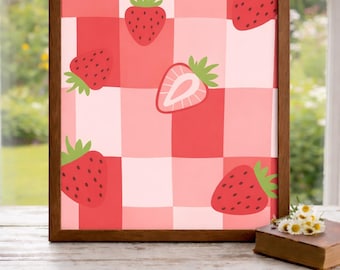 Strawberry Wall Art Print, Strawberry Illustration, Whimsical Fruit Artwork, Cozy Kitchen Decor, Printable Strawberry Poster 16x20
