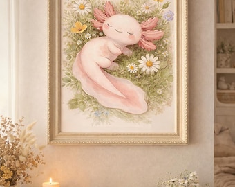 Sleepy Axolotl Wall Art Print – Pastel Axolotl Illustration, Nursery Animal Decor, Digital Download
