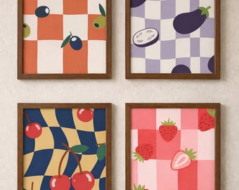 Mediterranean Kitchen Wall Art Bundle – 4 Printable Food Illustrations, Retro Cottagecore Decor