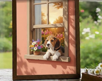 Beagle Wall Art Print, Cottagecore Dog Illustration, Whimsical Beagle Artwork, Cozy Nursery Dog Decor, Printable Beagle Poster 16x20