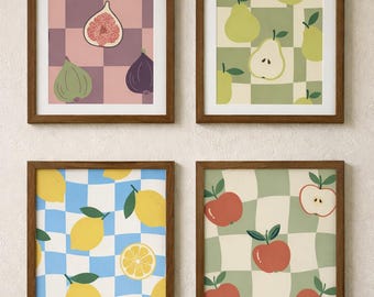 Mediterranean Kitchen Wall Art Bundle – 4 Printable Food Illustrations, Retro Cottagecore Decor