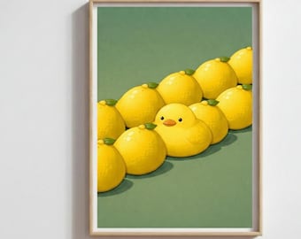 Duck in Lemons Printable Wall Art, Whimsical Kitchen Decor, Hidden Duck Illustration